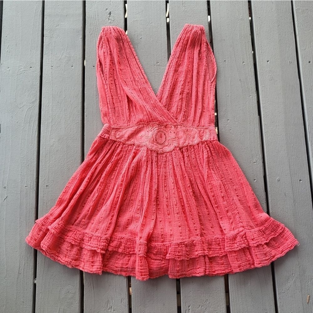 Vintage Coral Embroidered Surplice Ruffle Hem Gauzy Boho Festival Mini Dress S/M